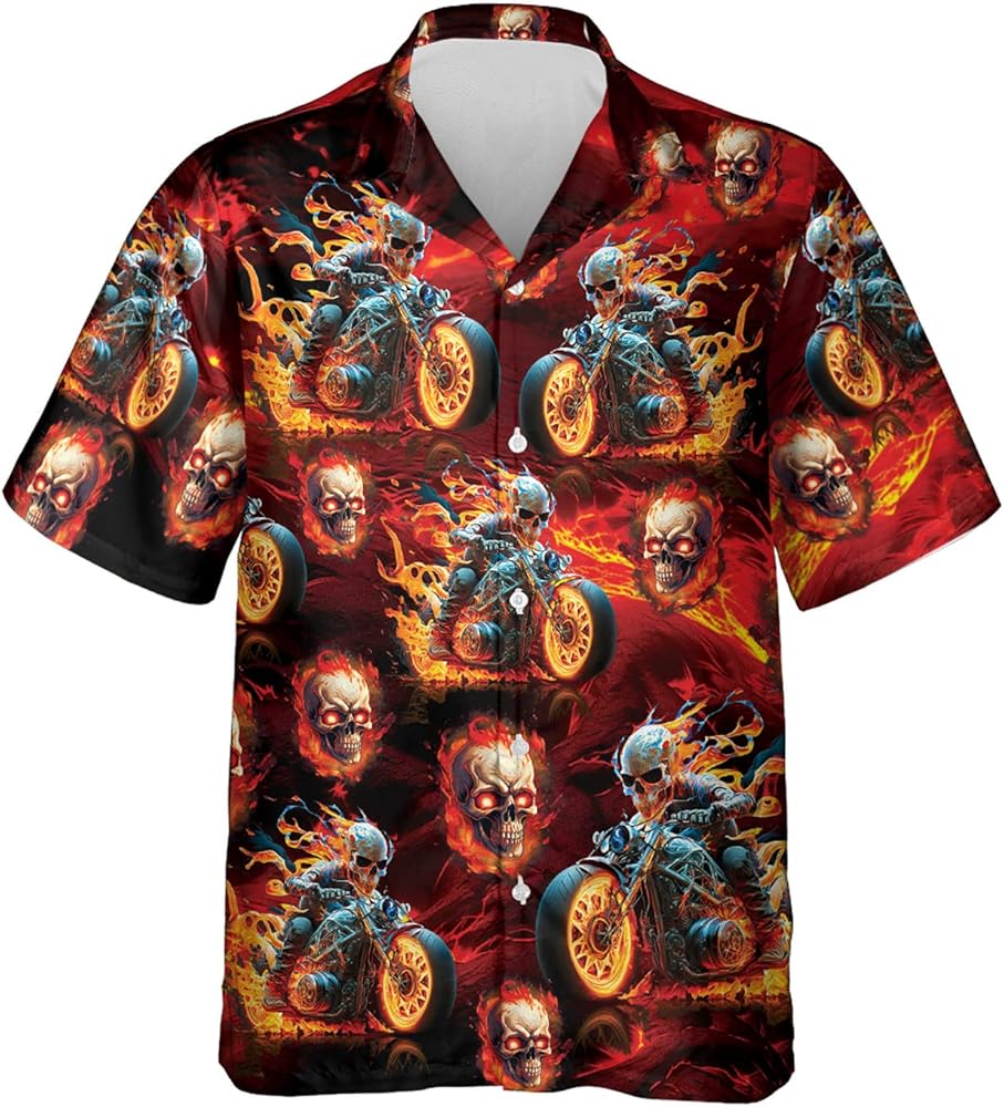 Mens Burning Skull Motorcycle Button Down Shirt for Sale – Get Yours Now