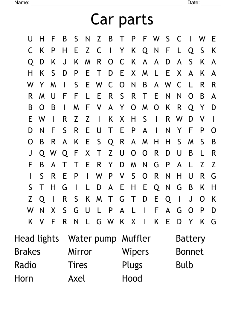 Sports car feature crossword: Find the right words for different car parts!